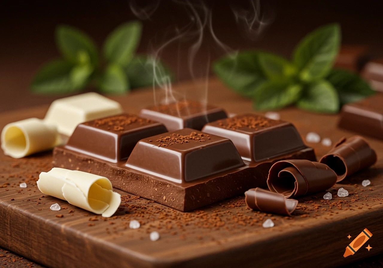 Photorealistic dark chocolate bar with cocoa, chocolate curls, white chocolate, and sea salt on a wooden board with mint leaves.
