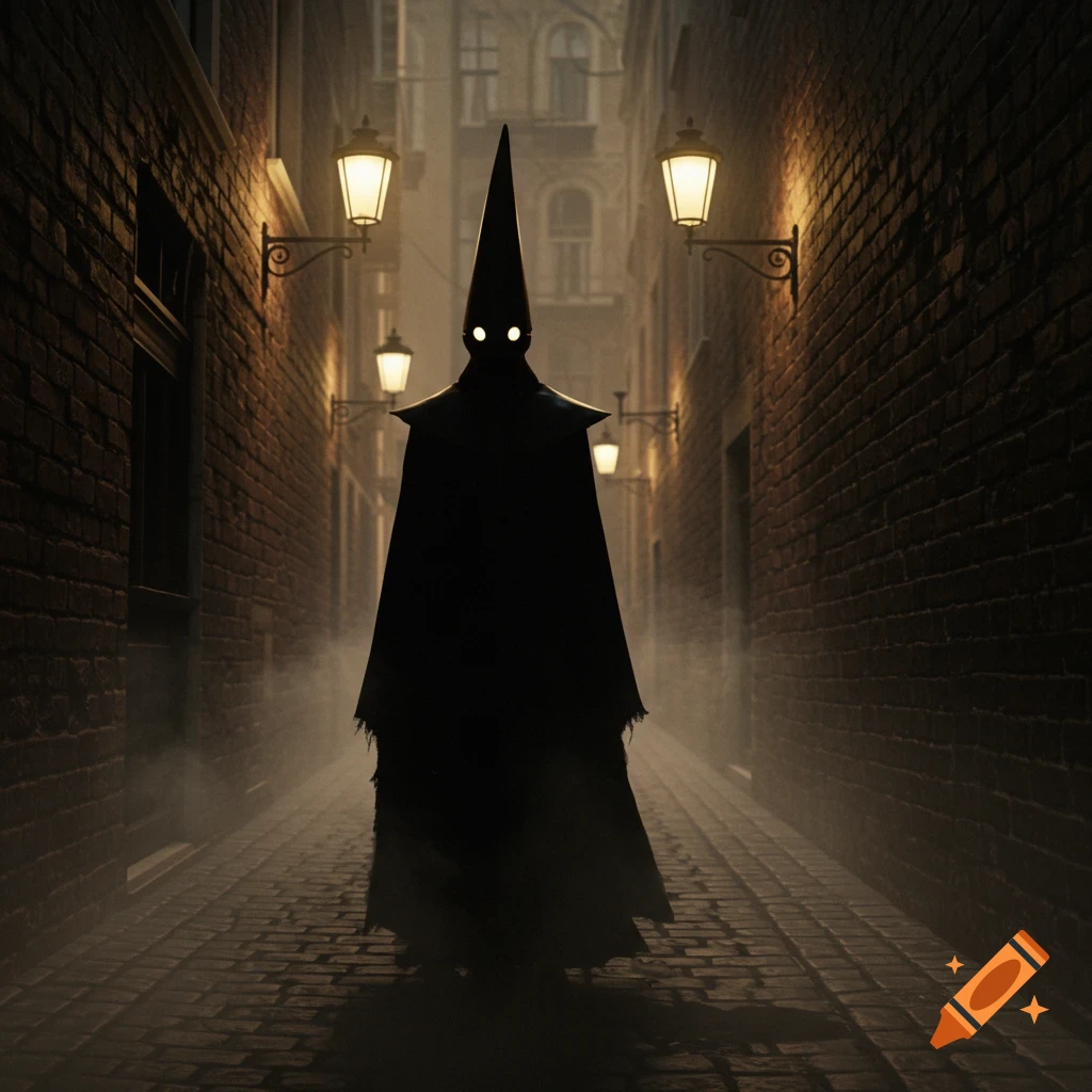 A dark, cloaked figure with a pointed hat and glowing eyes stands in a foggy, cobblestone alley lit by gas lamps.