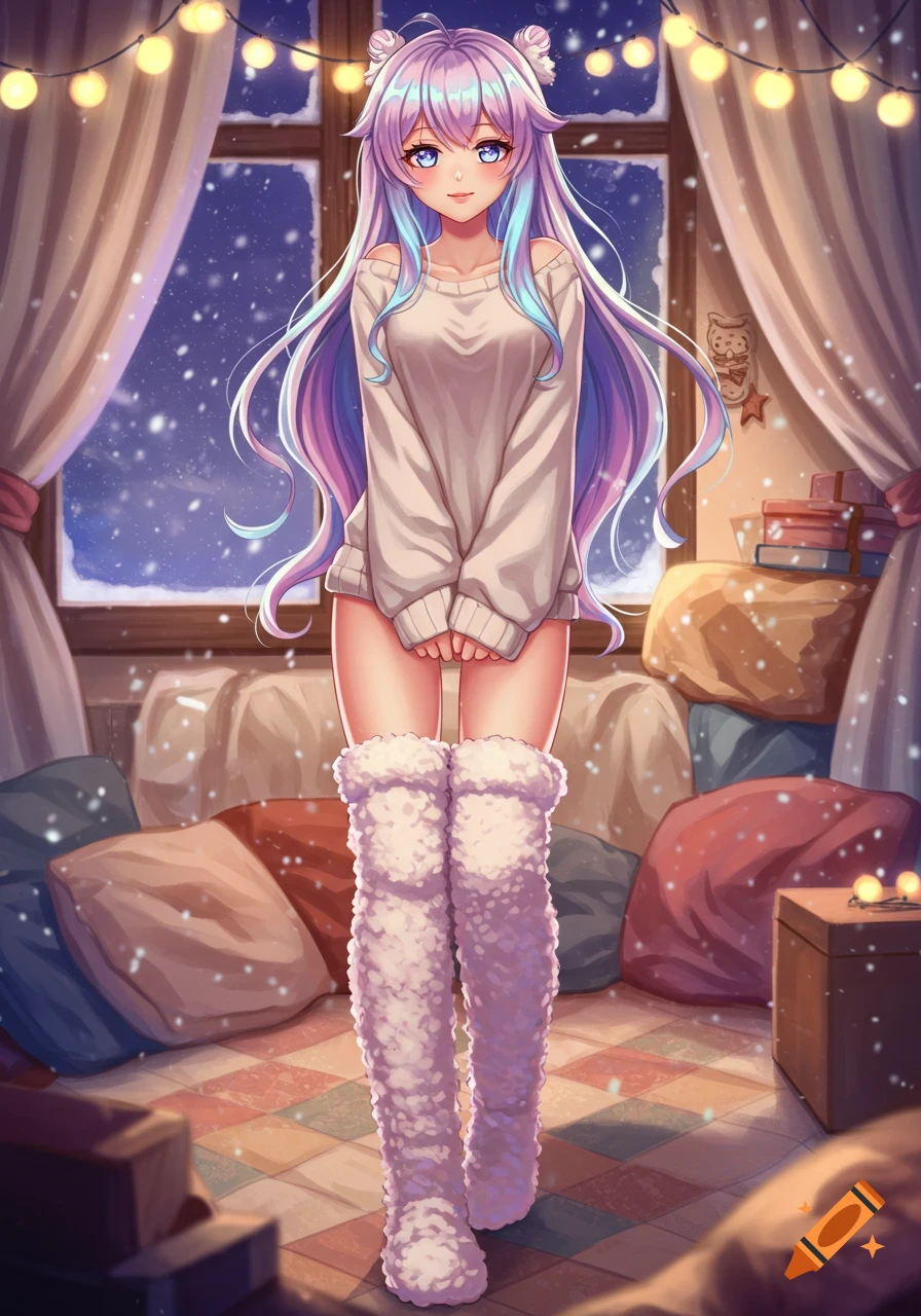 Anime girl in an oversized sweater and fuzzy thigh-high socks in a cozy room with a snowy window.