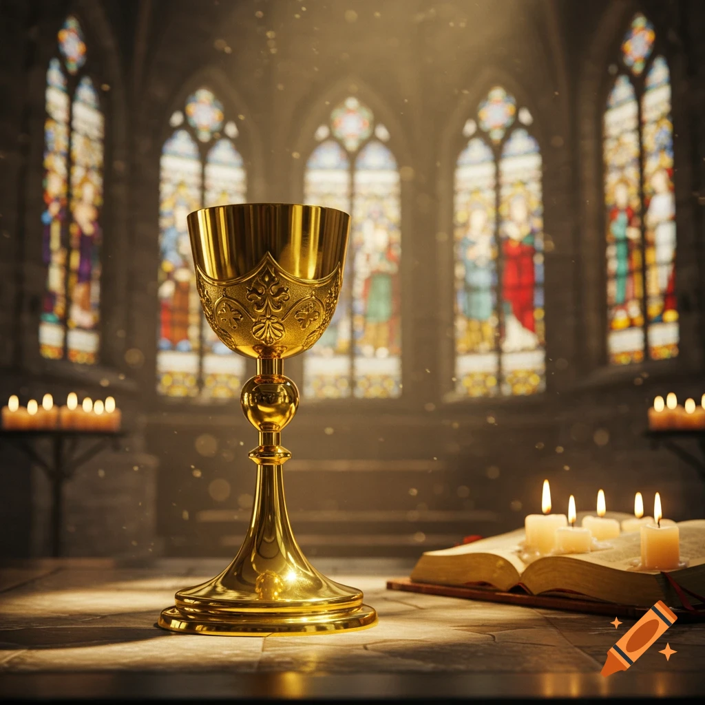 A golden communion chalice sits on a table in a dimly lit church, surrounded by lit candles and an open book, with stained glass windows in the background.
