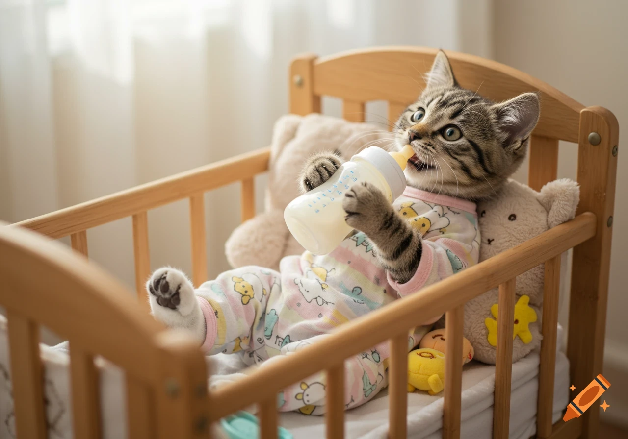 A cute tabby kitten wearing colorful baby pajamas, lying in a wooden crib, and drinking milk from a baby bottle.