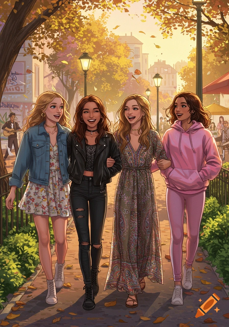 Four young women happily walking arm-in-arm down an autumn street lined with trees and buildings in an illustrated style.