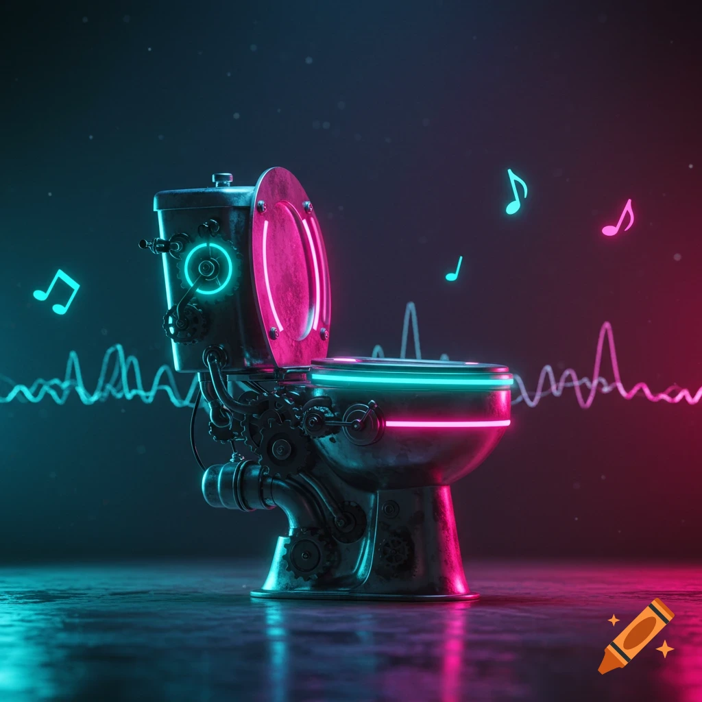 A metallic steampunk toilet with glowing neon pink and cyan lights, surrounded by floating musical notes and sound waves against a dark background.