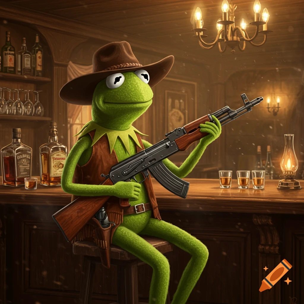 Kermit the Frog in a cowboy hat and vest sits at a wooden bar, holding an AK-47 rifle. Bottles line the shelves behind him.