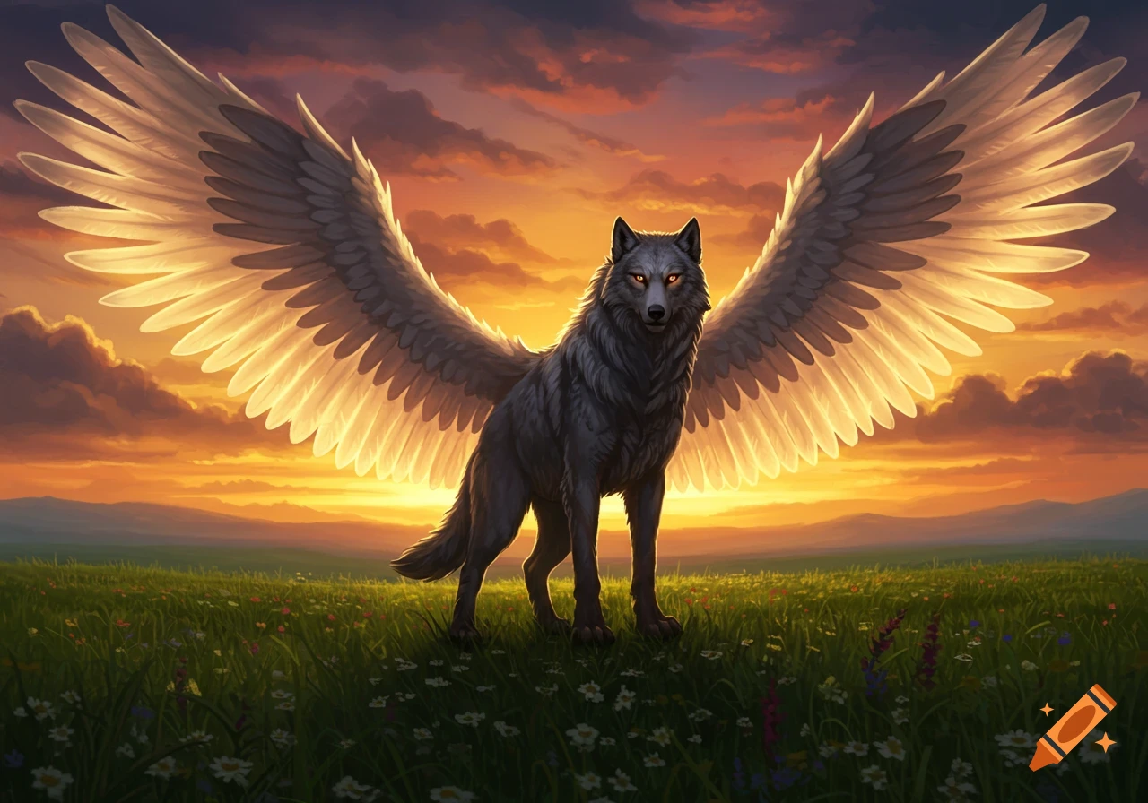 A majestic winged wolf stands in a vibrant green field at sunset, with golden light illuminating its wings and the sky.