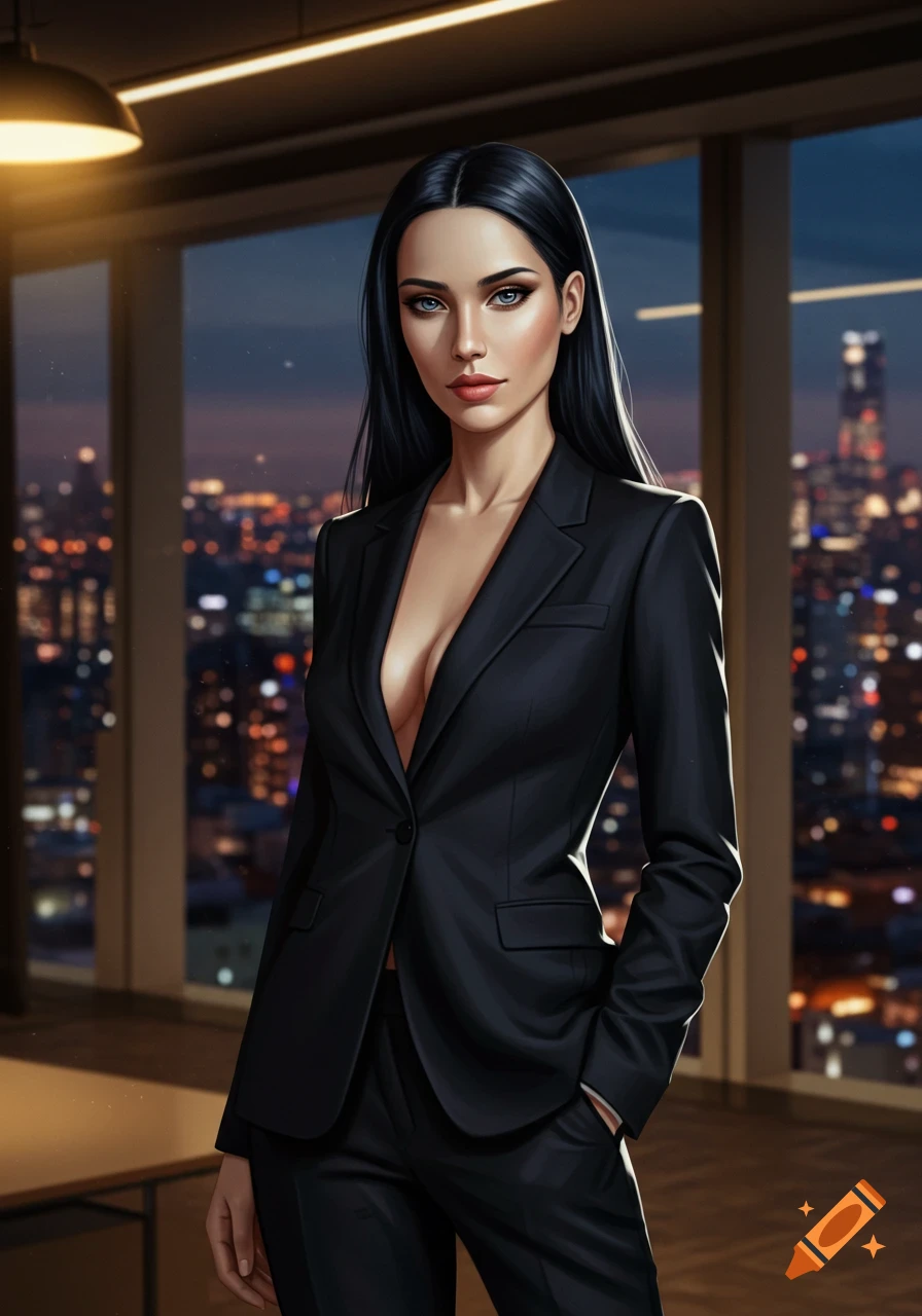 A stylish woman with dark hair in a black business suit stands in an office overlooking a city skyline at dusk.