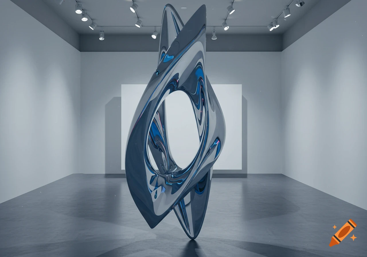 A photorealistic image of a large, twisted, reflective metallic abstract sculpture in a minimalist art gallery with white walls and track lighting.