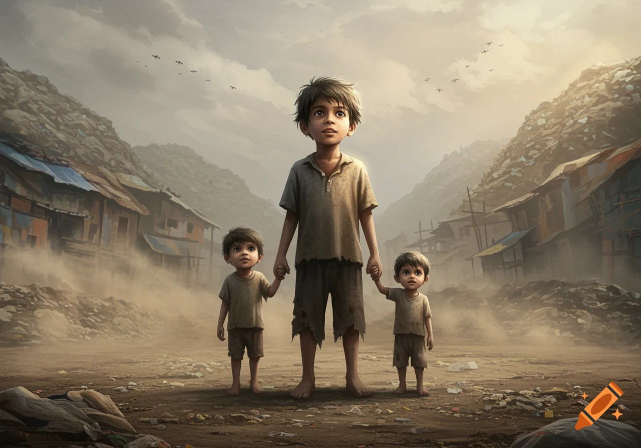 Three young boys holding hands stand in a dusty, trash-filled slum with makeshift shacks under an overcast sky, digital painting.
