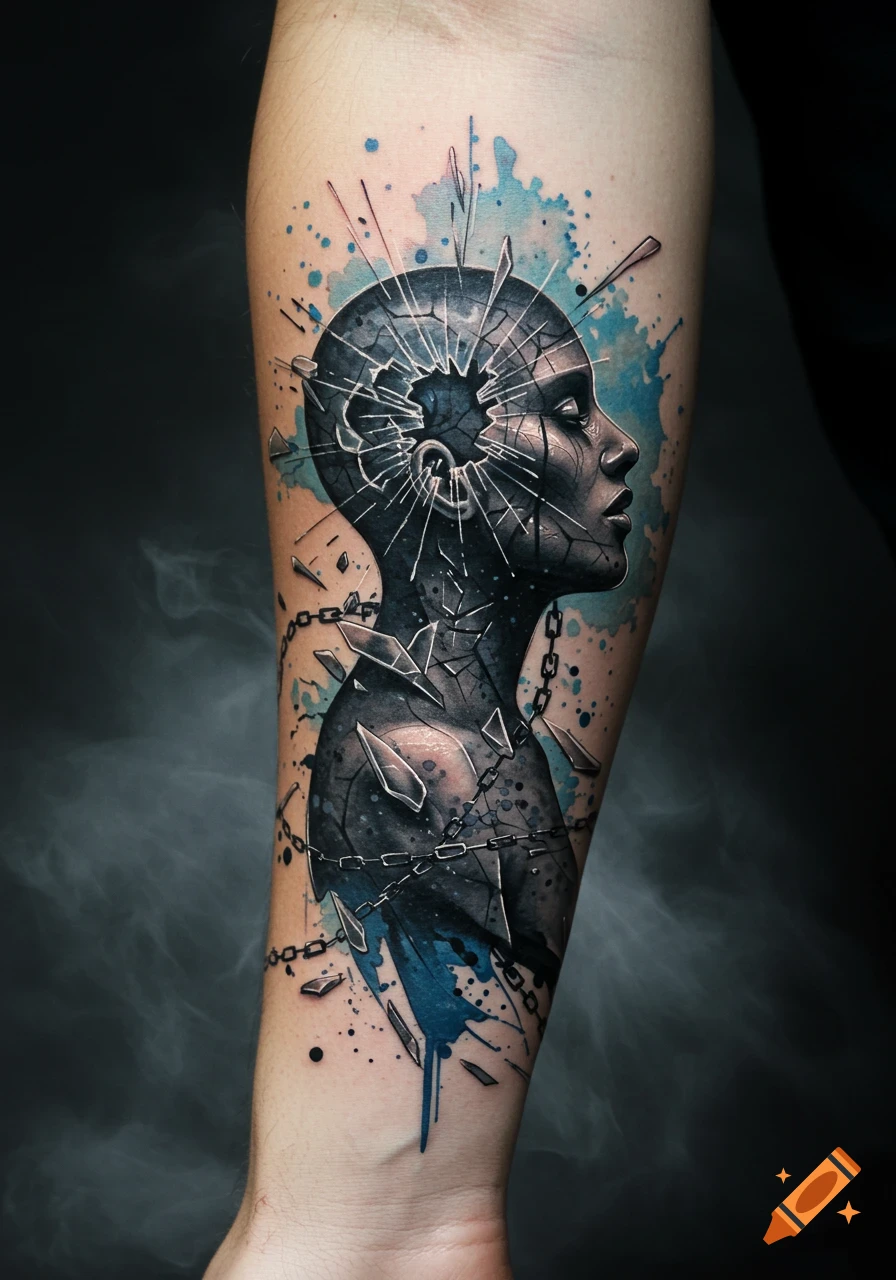 A realistic tattoo on an arm depicting a dark, shattered figure with a broken head, bound by chains and accented with blue watercolor splatters.
