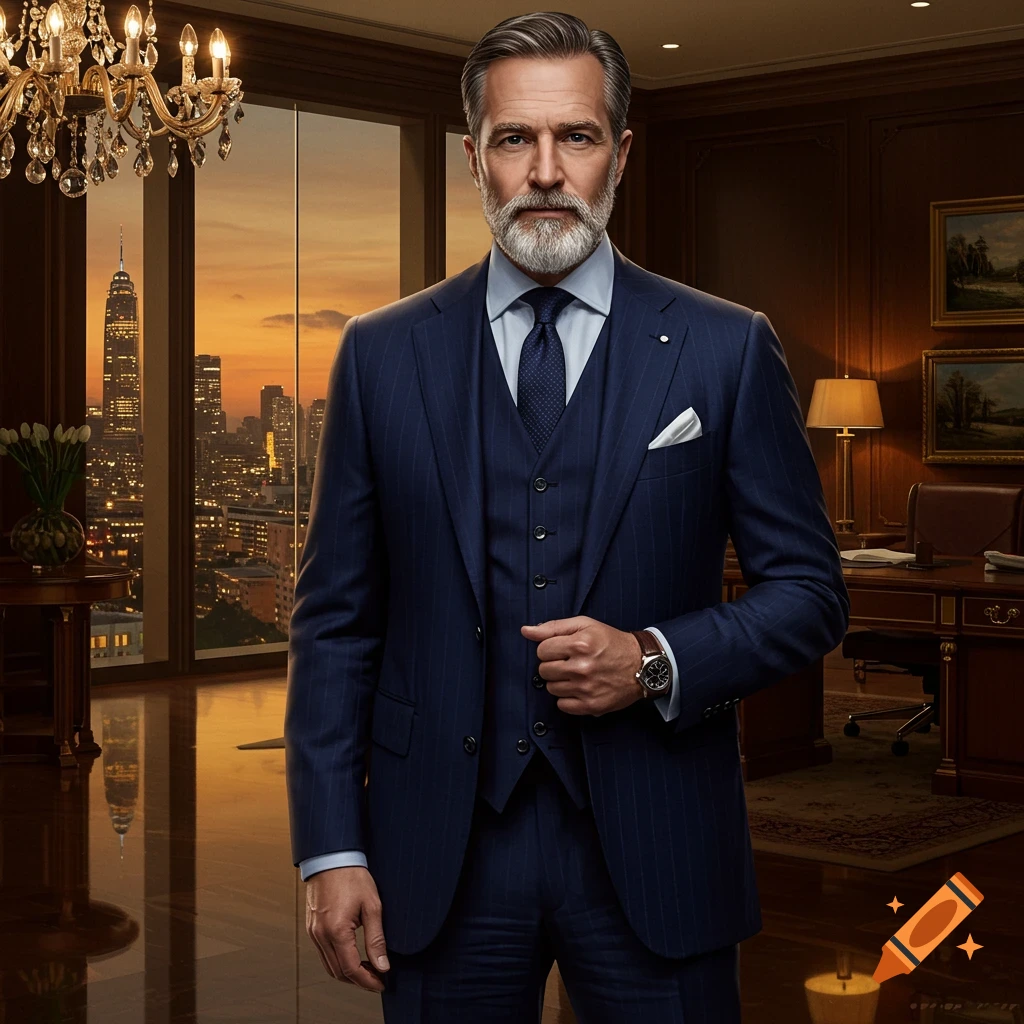 A distinguished man in a dark pinstripe suit and vest stands in a luxurious office with a city skyline at sunset.