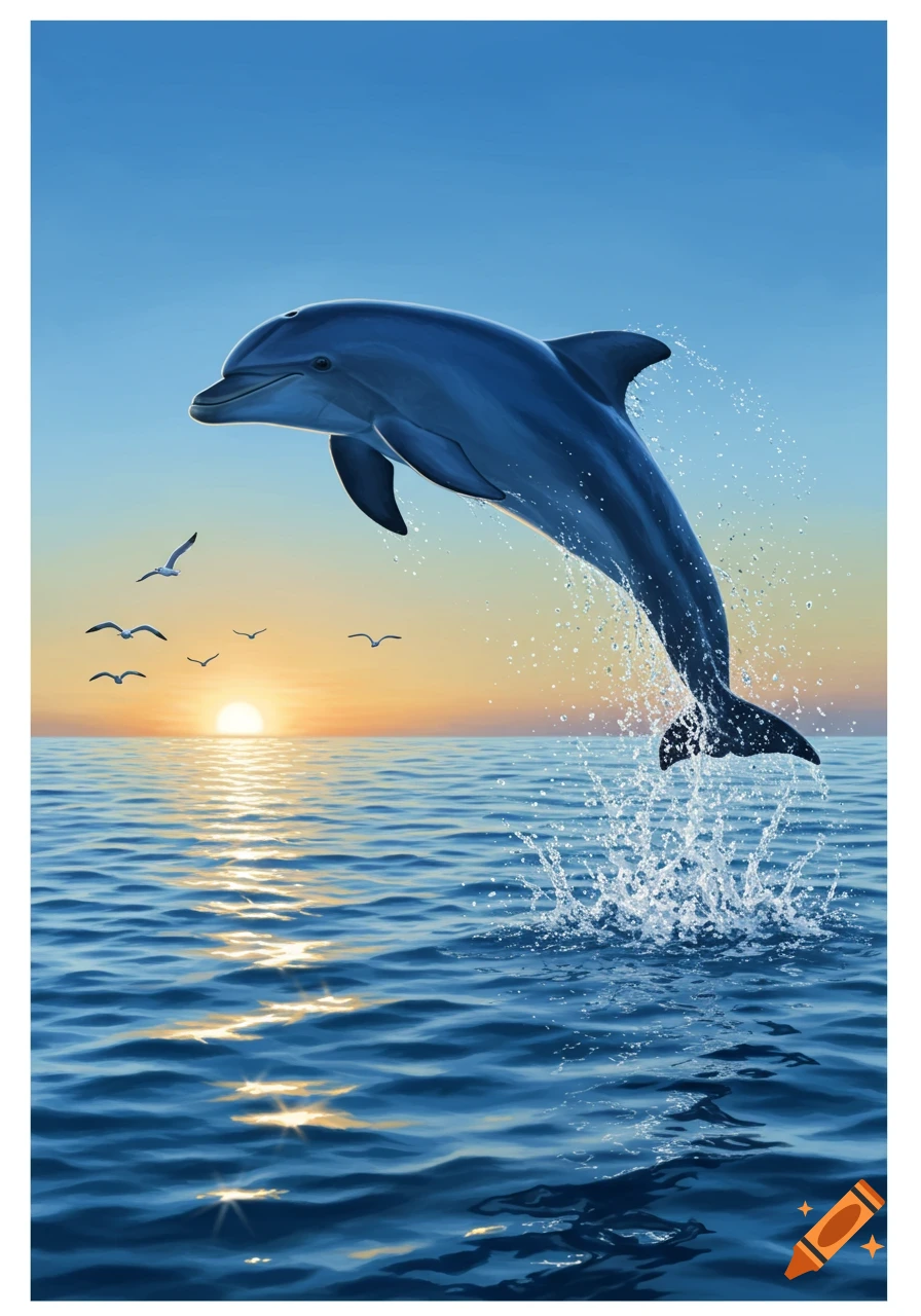 A dolphin leaps gracefully out of the ocean, splashing water, against a vibrant sunset with seagulls flying nearby.