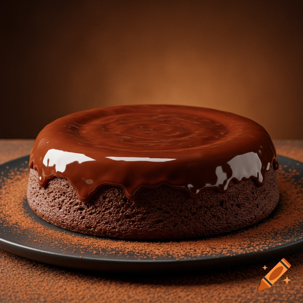 A rich chocolate cake with a glossy ganache dripping down the sides, on a dark plate dusted with cocoa powder.