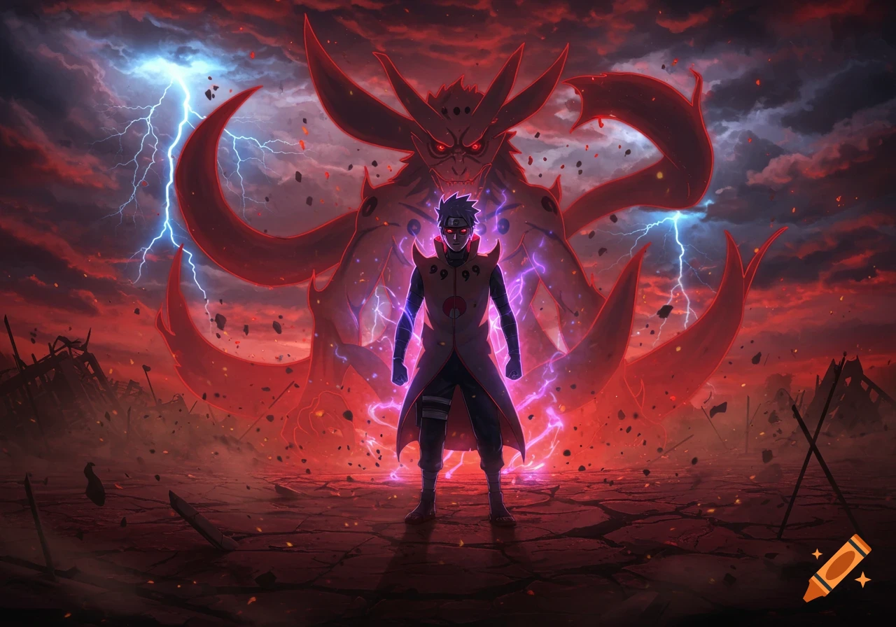 An anime-style character stands before a giant, red, multi-tailed beast, with lightning in a stormy, fiery sky and a destroyed landscape.
