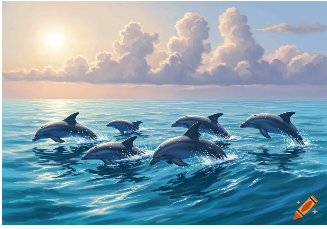 Multiple dolphins leap and swim through clear blue ocean water under a sunset sky with fluffy clouds. Illustrated style.