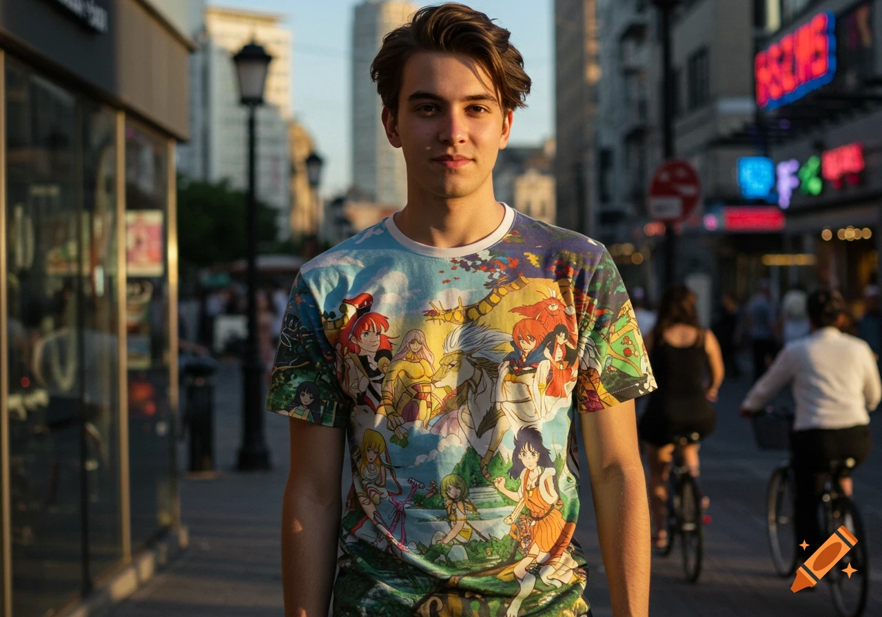 A young man wearing a colorful anime t-shirt stands on a city street at sunset.