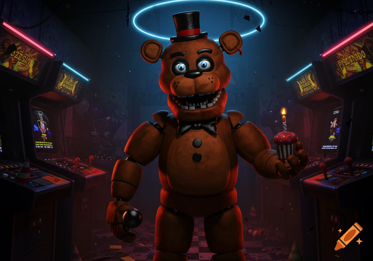 Freddy Fazbear, a brown animatronic bear wearing a top hat and bowtie, stands in a dark arcade holding a cupcake with a lit candle.