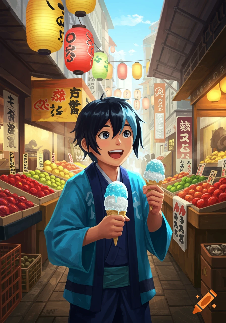 Smiling Japanese boy in a blue kimono holding two ice cream cones in an anime street market.