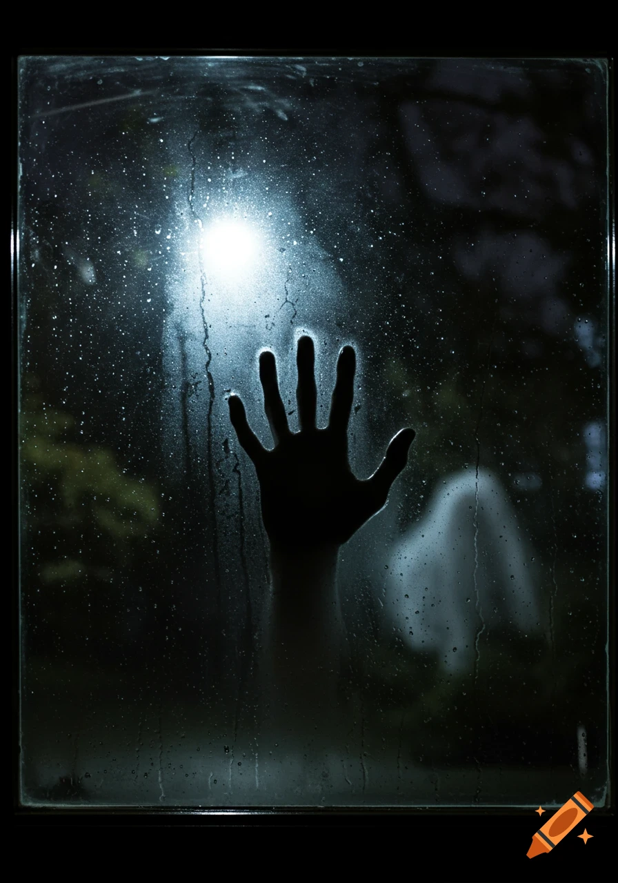 A creepy silhouetted hand pressed against a wet window at night, with a bright light and faint figure outside in the dark.