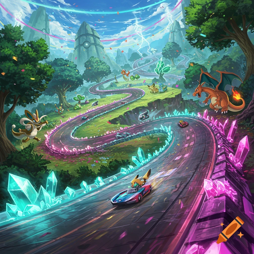 Vibrant illustration of Pikachu in a race car on a winding track with other Pokemon like Charizard and Leafeon in a fantasy landscape.