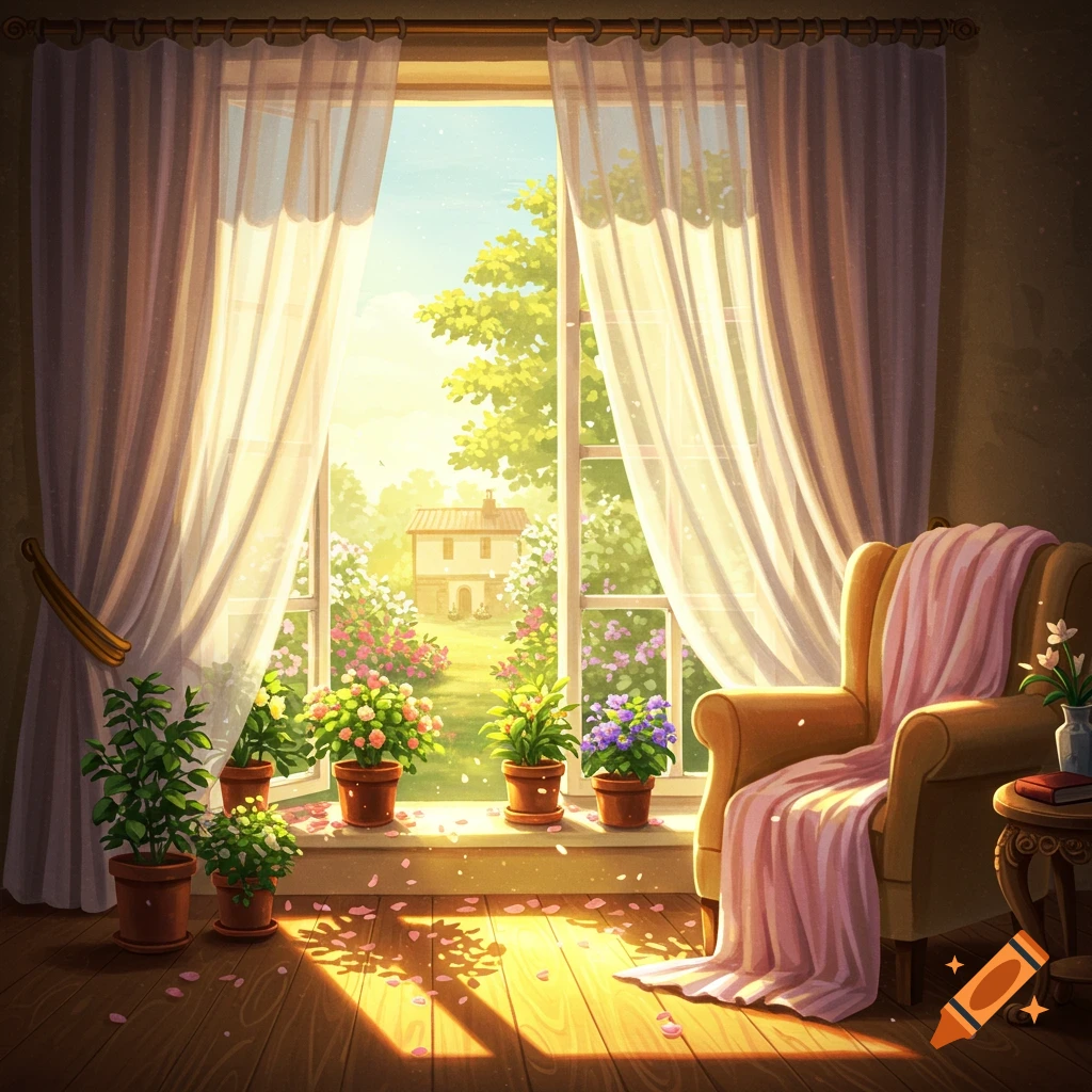 An illustrated room with sunlit sheer curtains framing a vibrant garden view, with potted plants on the windowsill and an armchair with a pink blanket.