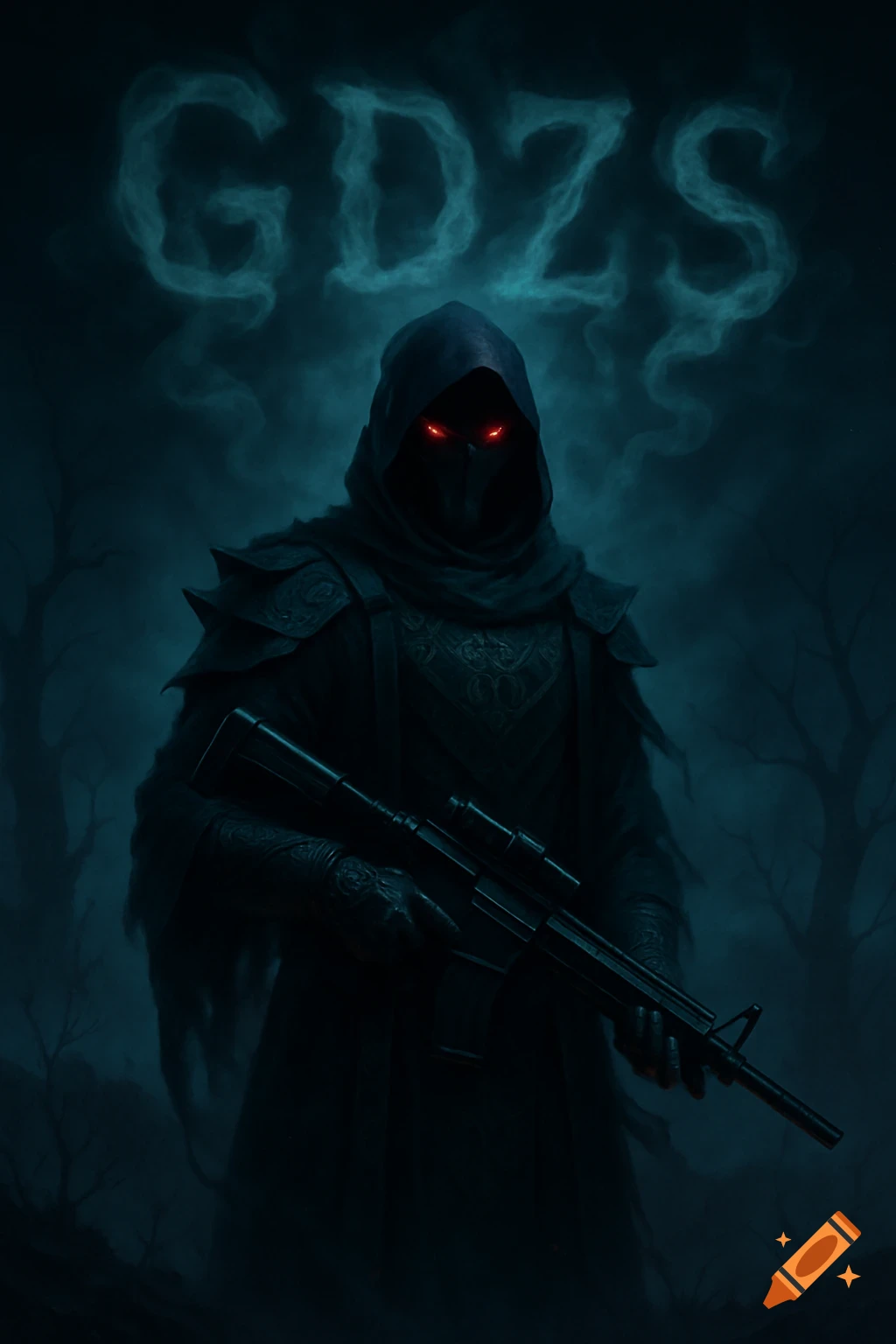 An eerie, cloaked figure with glowing red eyes holds a rifle in a dark, misty forest, with smoky GDZS letters above.