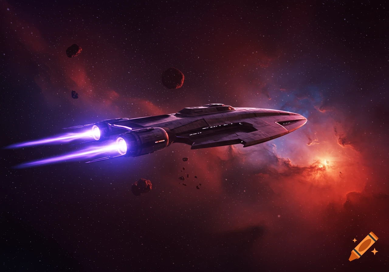 A sleek, futuristic spaceship with glowing purple thrusters flies through a vibrant red and blue nebula with scattered asteroids.