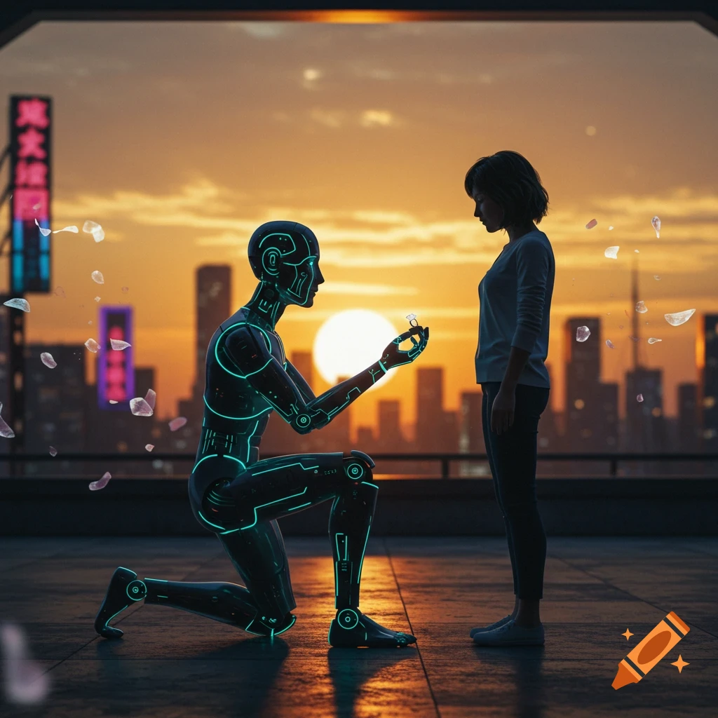 A glowing robot kneels and proposes to a human woman on a city rooftop at sunset, with a skyline in the background.