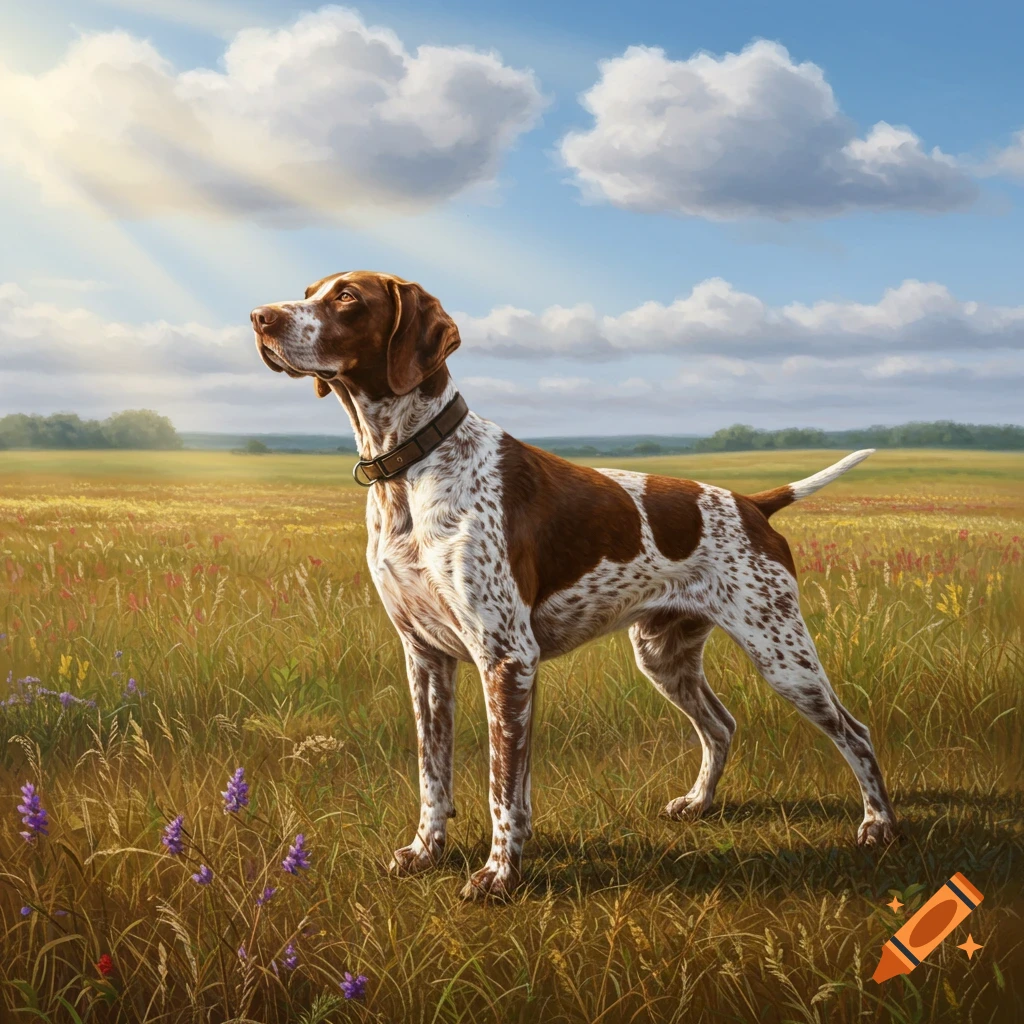A brown and white French pointer dog stands in a sunny, grassy field with purple flowers under a blue sky, looking left.