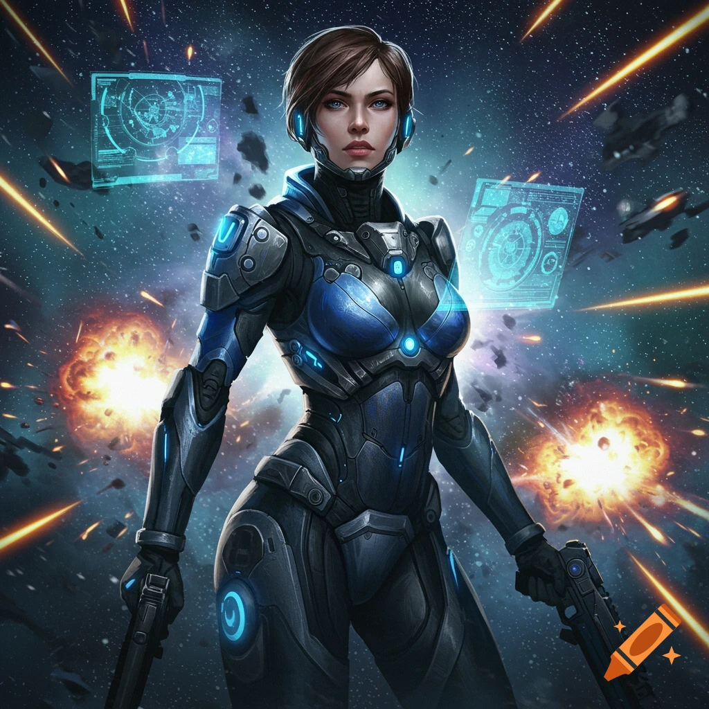 A female star marine in a blue and black armored suit, holding pistols amidst space explosions and holographic displays.
