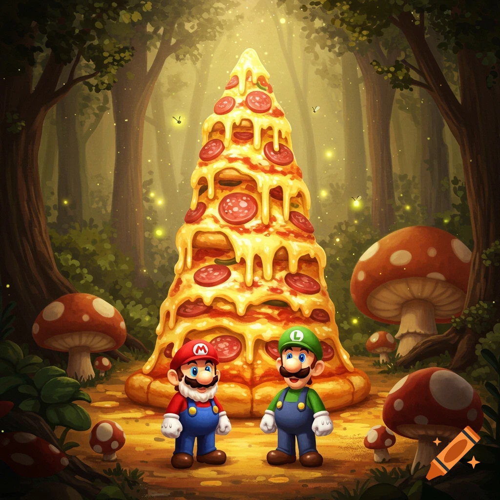 Mario and Luigi stand in a glowing forest with mushrooms next to a giant, cheese-covered pizza tower.