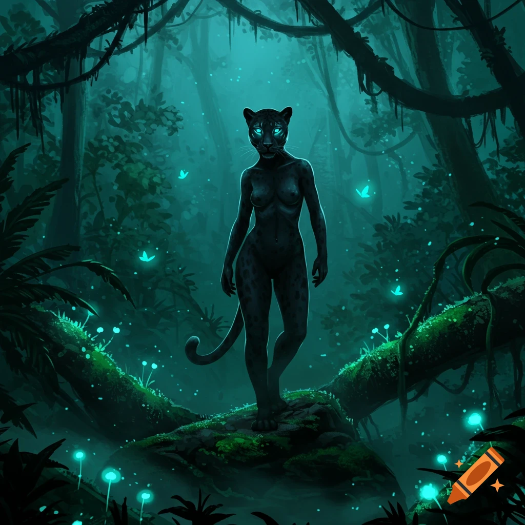 A stylized black panther woman with glowing blue eyes stands in a dark, mystical jungle illuminated by glowing blue plants and butterflies.