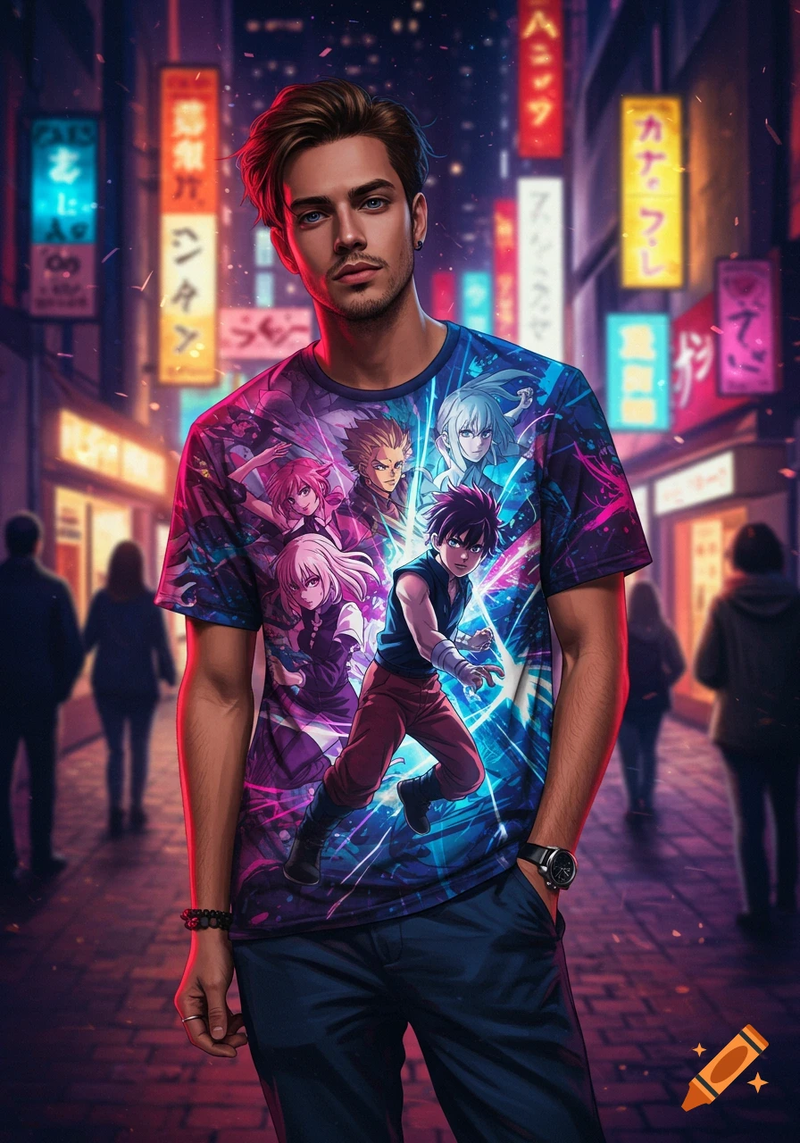 A man in an anime t-shirt stands on a neon-lit cyberpunk street with blurred background figures.