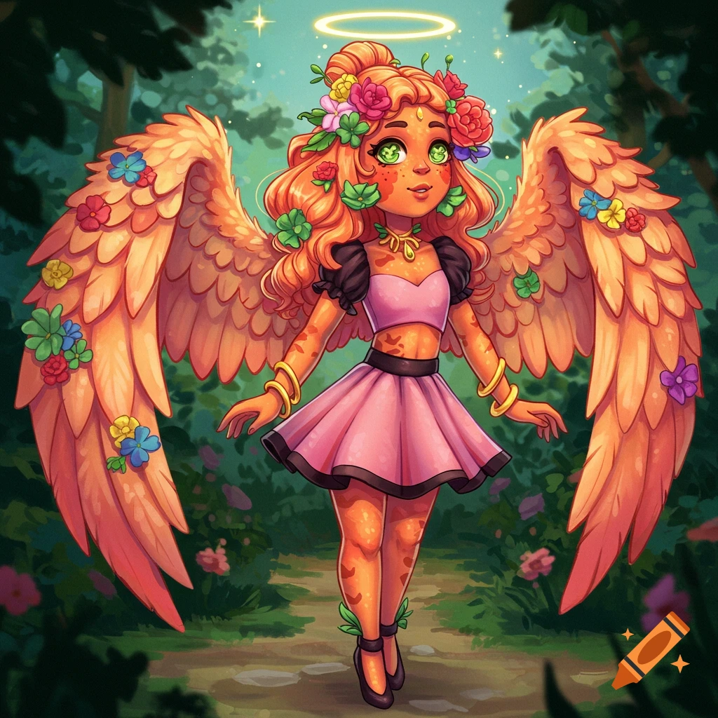 A cartoon-style angel character with peachy skin, green clover eyes, a pink outfit, and large flower-adorned wings, stands in a forest.