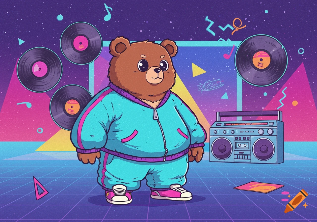 A cartoon brown bear in a teal retro tracksuit stands on a purple grid, surrounded by floating vinyl records and a boombox.