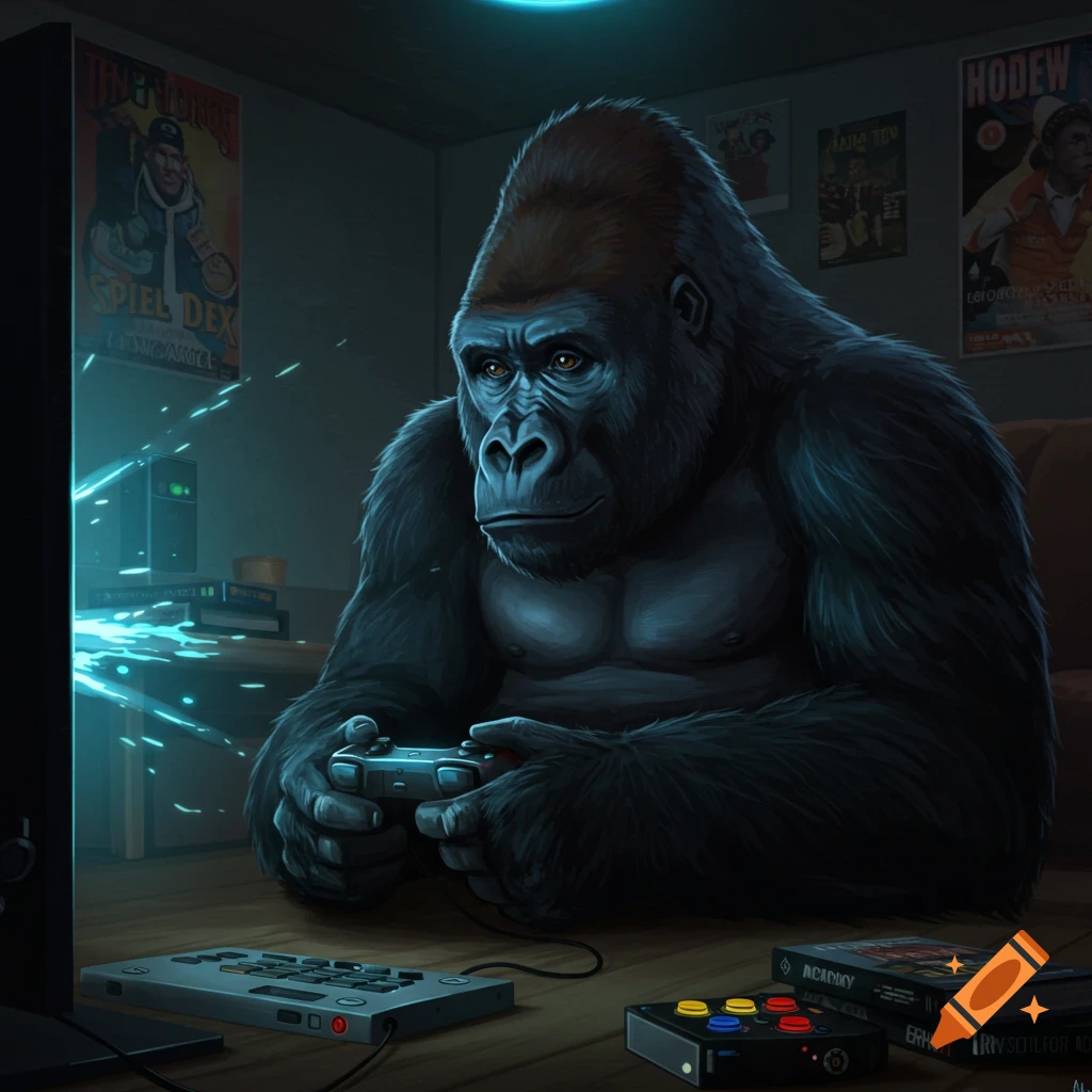 A dark-furred gorilla sits intently, playing a video game with a controller in a dimly lit room with glowing blue light.