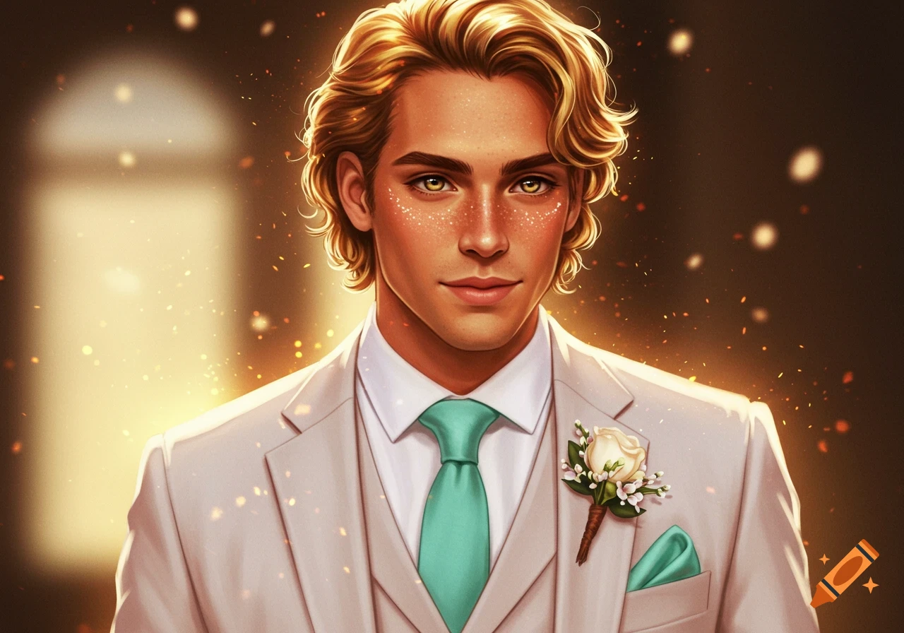Illustrative portrait of a young man with golden hair and glowing eyes in a light suit, teal tie, and boutonniere, with a sparkling background.