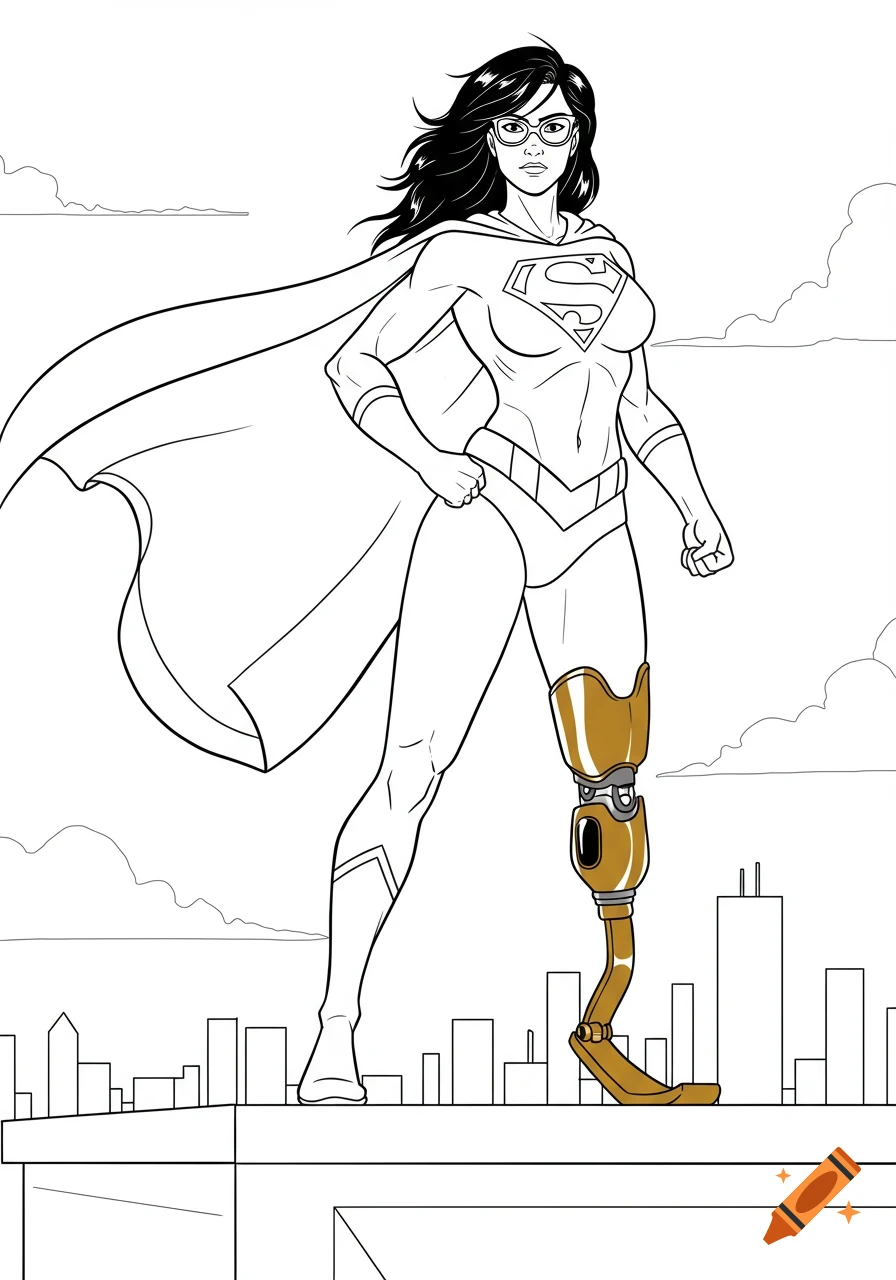 Black and white superhero coloring page of a woman with a cape, an 'S' symbol, glasses, and a gold prosthetic leg on a city rooftop.