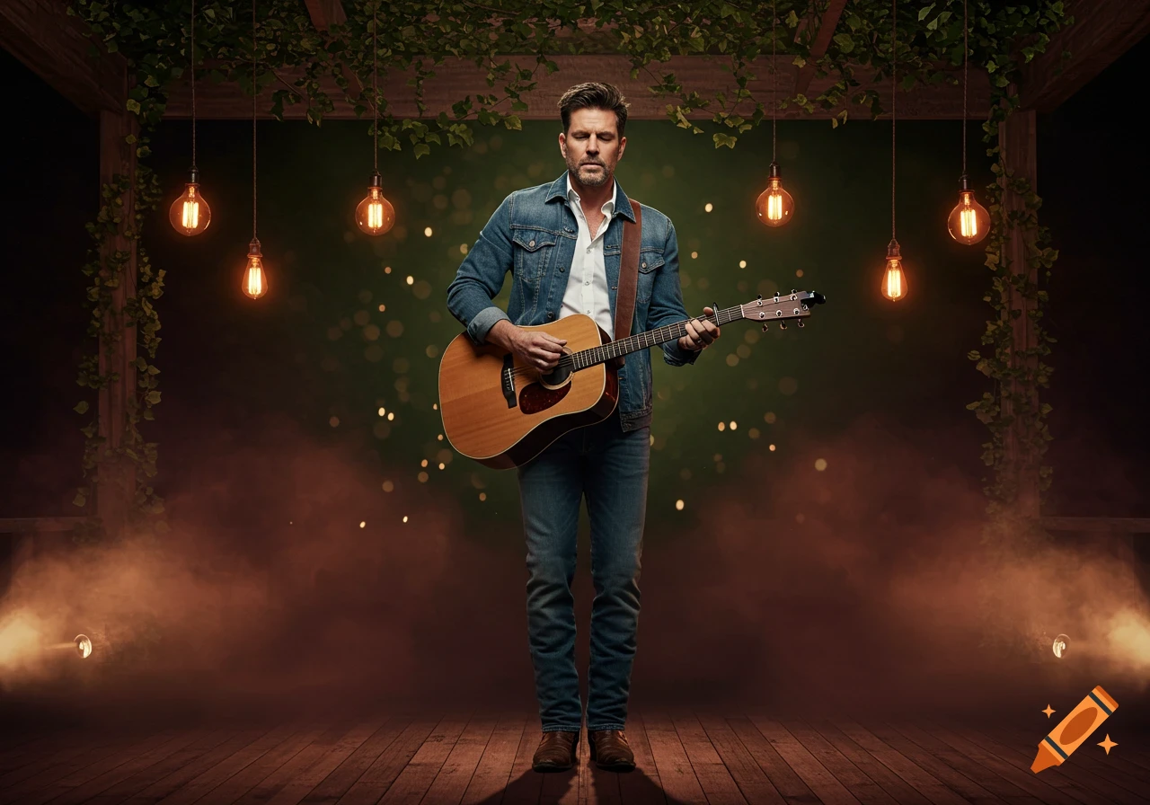 A man in a denim jacket playing an acoustic guitar on a stage with hanging lights and vines.