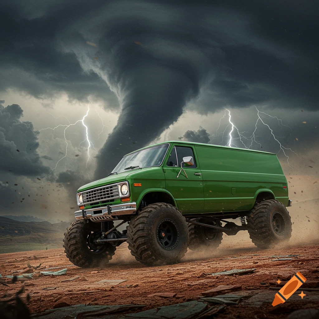A green monster van with large tires drives on a dirt road under a stormy sky with a tornado and lightning.