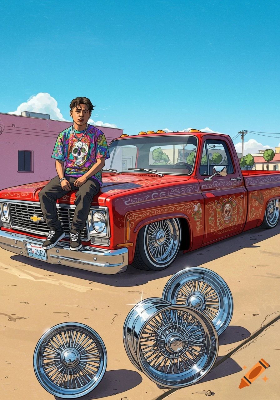 An illustration of a young man in a colorful shirt sitting on the hood of a red, lowered pickup truck with chrome wire wheels.