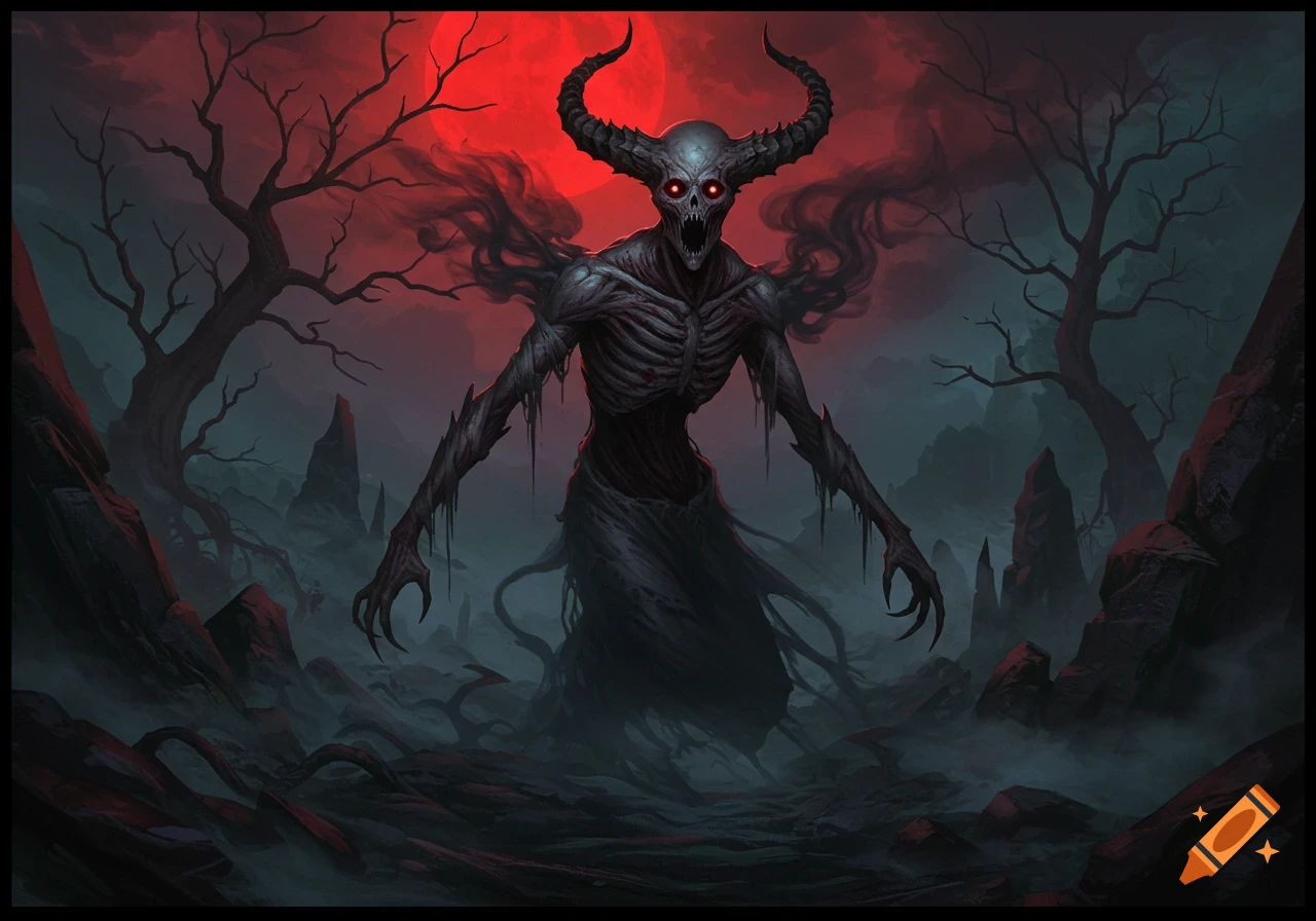 A horned skeletal demon with glowing red eyes stands in a misty, desolate landscape with twisted trees under a red moon. Dark fantasy art.