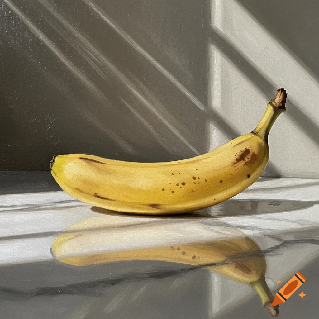 A photorealistic painting of a ripe banana with brown spots, lying on a reflective white surface with window light and shadows.