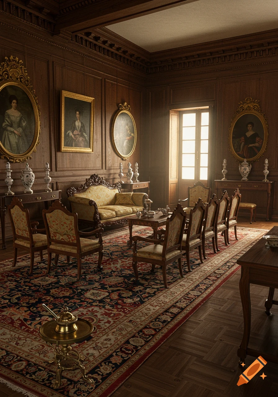 A grand, elegant formal parlor room with dark wood paneling, ornate furniture, a patterned rug, and classical paintings, bathed in soft window light.
