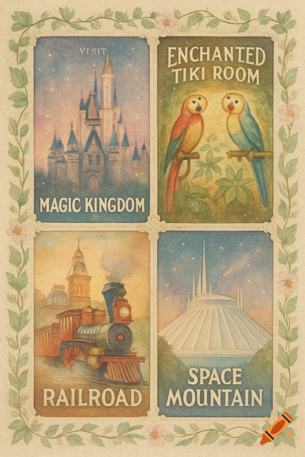 Vintage watercolor collage of four Disney park posters including Magic Kingdom castle, Enchanted Tiki Room parrots, a train, and Space Mountain.