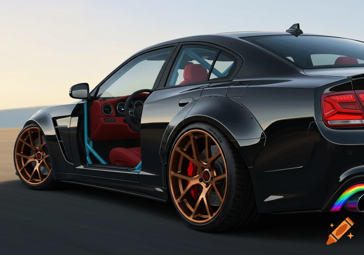 A black sedan with widebody fender flares, matte bronze wheels with red calipers, a light blue roll cage, red interior seats, and rainbow exhaust tips. The driver's door is slightly ajar. The car is on a road with a bright, hazy sky in the background.