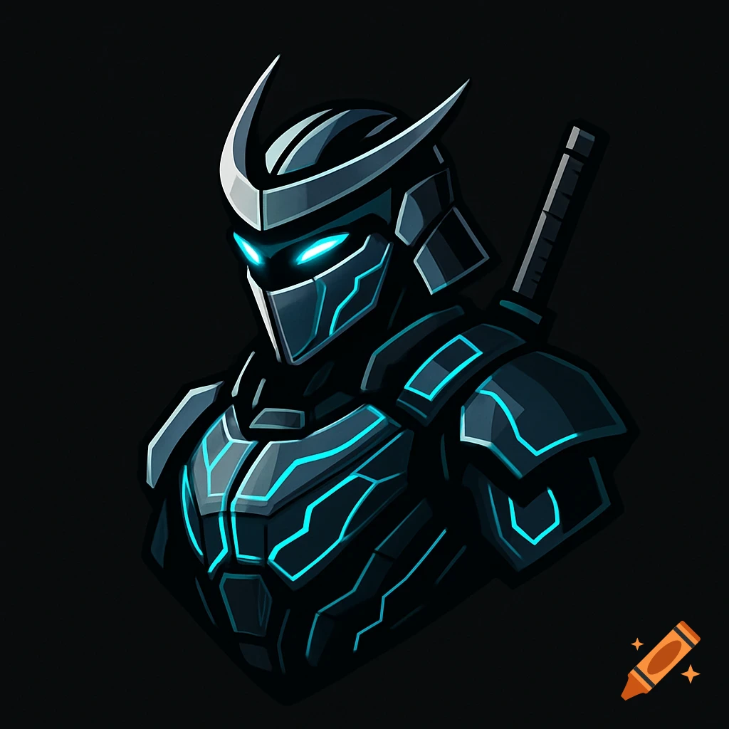 A dark, stylized logo of a futuristic cyberpunk mecha Ronin with glowing blue eyes and lines.