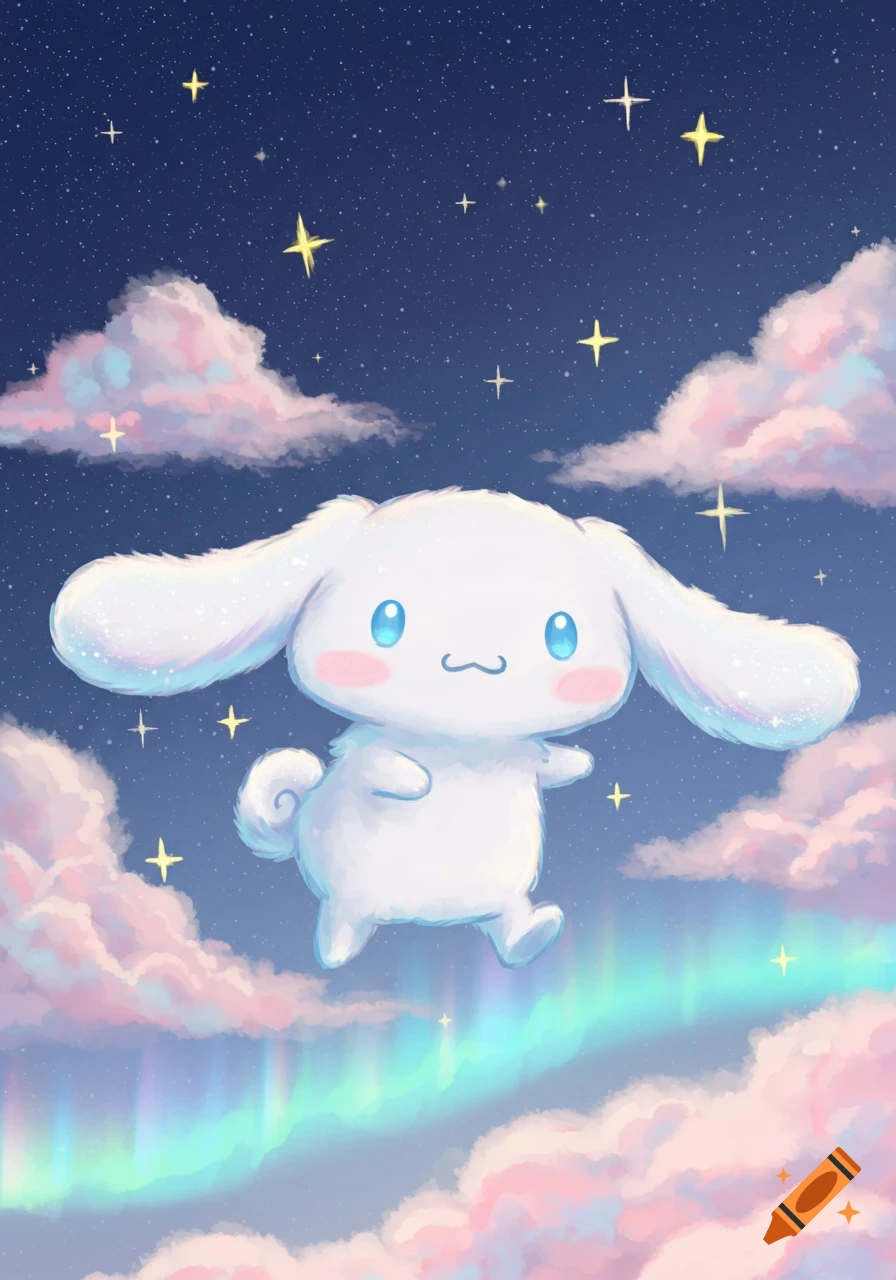 A fluffy white cartoon Cinnamoroll character floats in a whimsical starry night sky with pink clouds and an aurora.