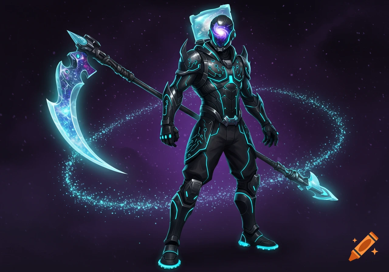 A futuristic character in black and blue glowing armored suit with a galaxy helmet and cosmic scythe stands against a purple starry background.