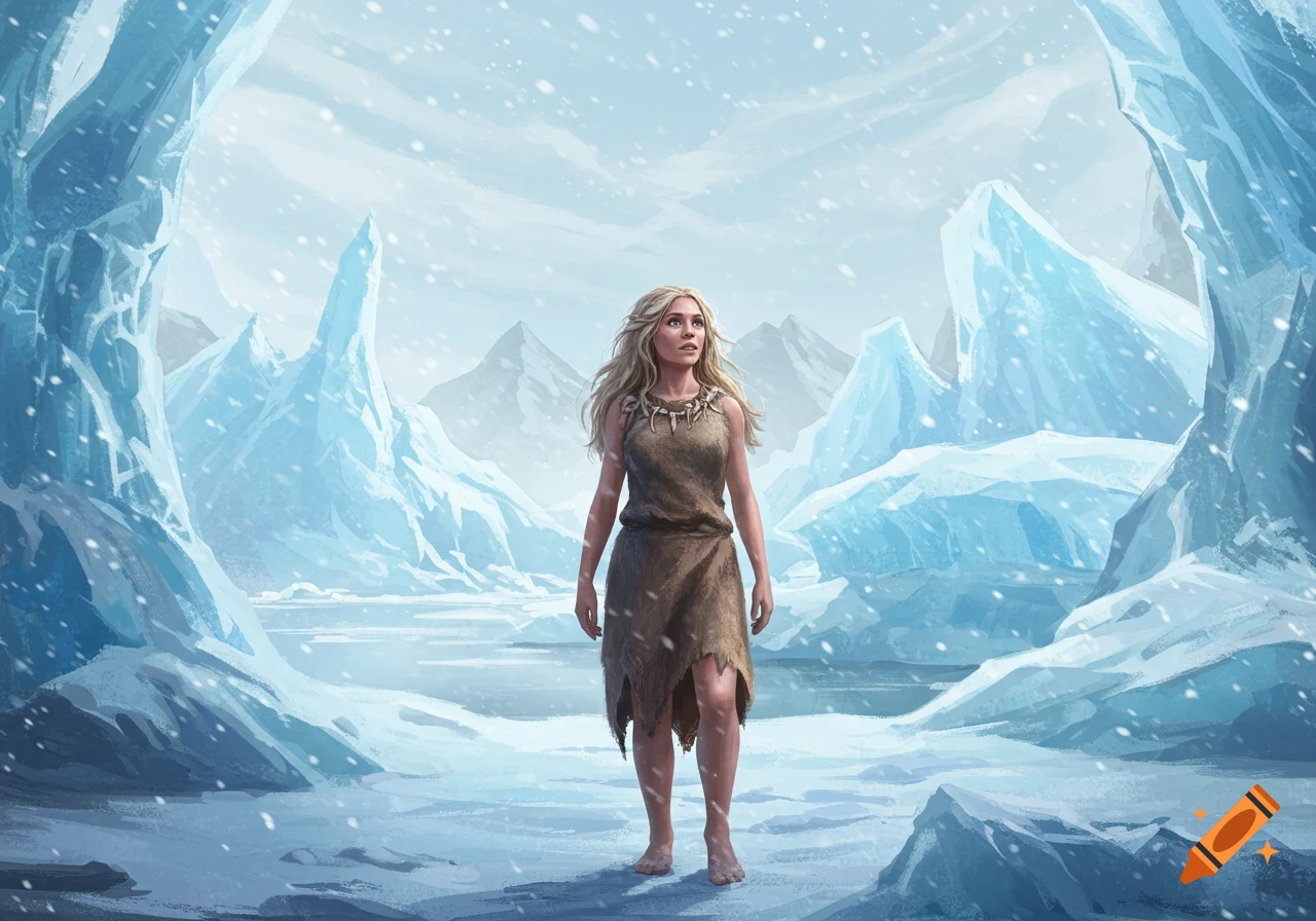 Illustration of a blonde woman in a primitive dress standing barefoot in a snowy, icy landscape with mountains, looking up.