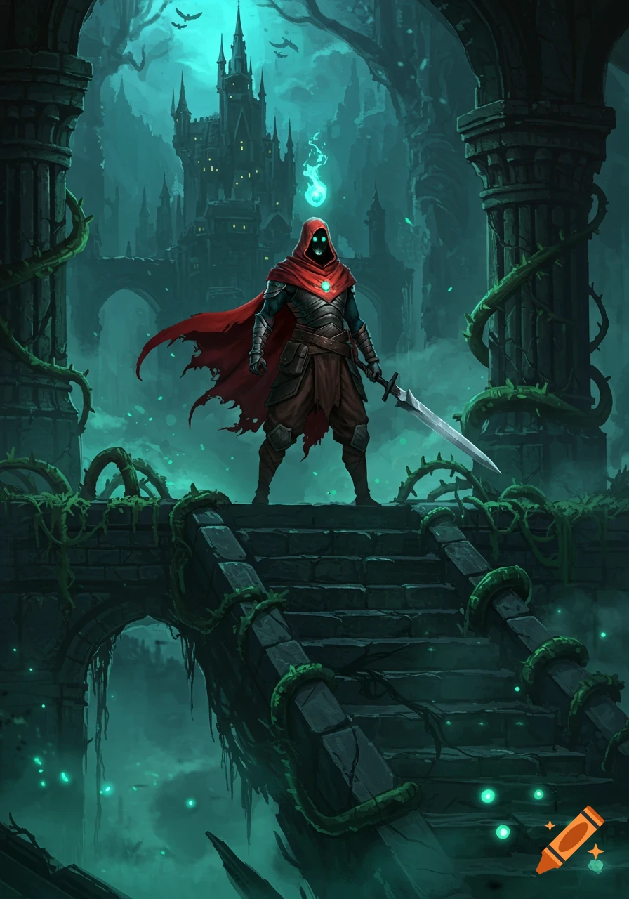 A hooded warrior in a red cloak with glowing green eyes stands with a sword on crumbling steps in a misty, ruined dark fantasy castle.